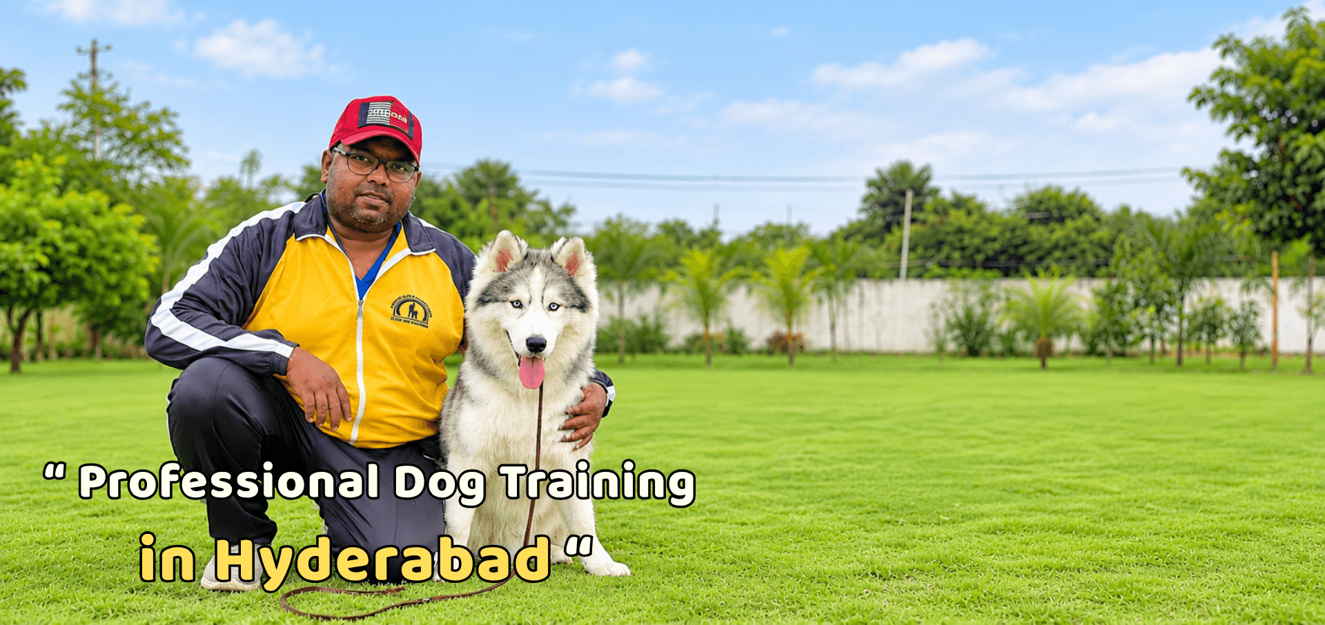 Professional dog trainer with a well-trained husky in Hyderabad