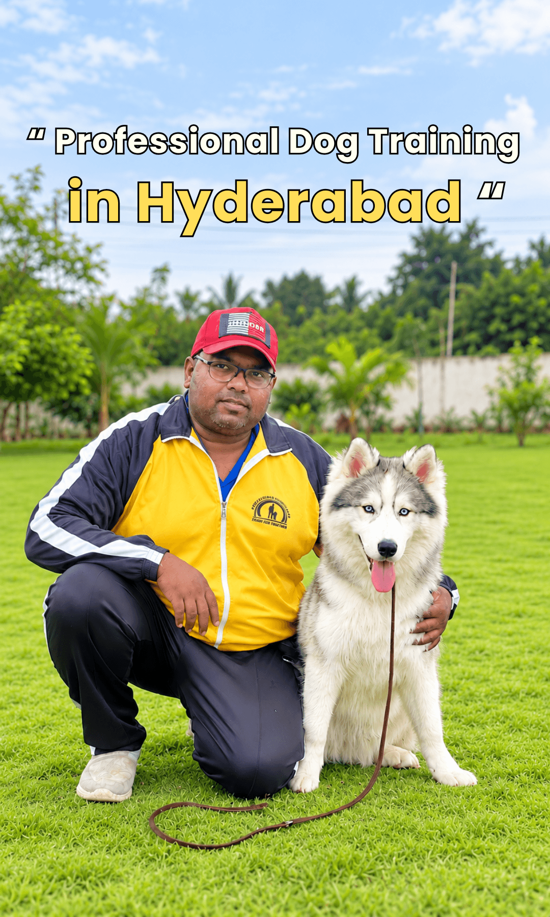 Professional dog trainer with a well-trained husky in Hyderabad